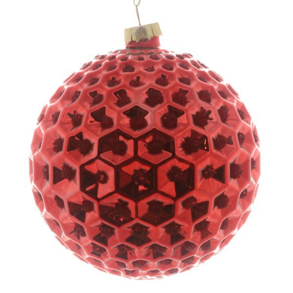 Χριστουγεννιάτικη Γυάλινη Κόκκινη Μπάλα, Ανάγλυφη με Εξάγωνα (10cm)